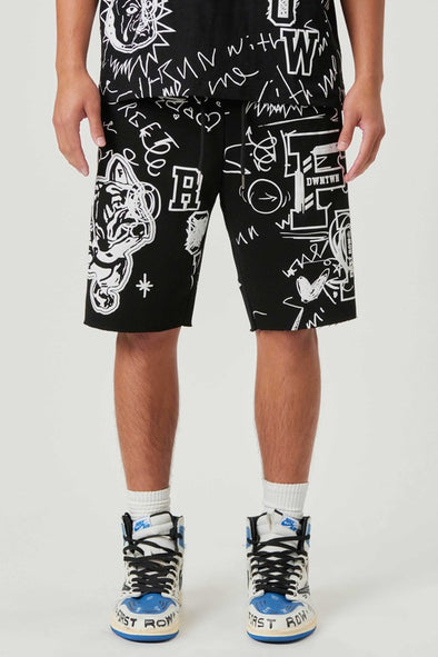 Allover Hand Doodling Puff Print Shorts